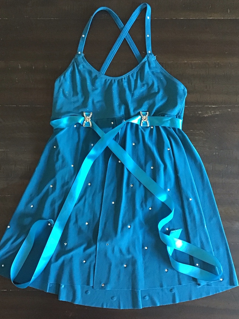 Kids Teal Dance Costume Dress with Rhinestone Accent